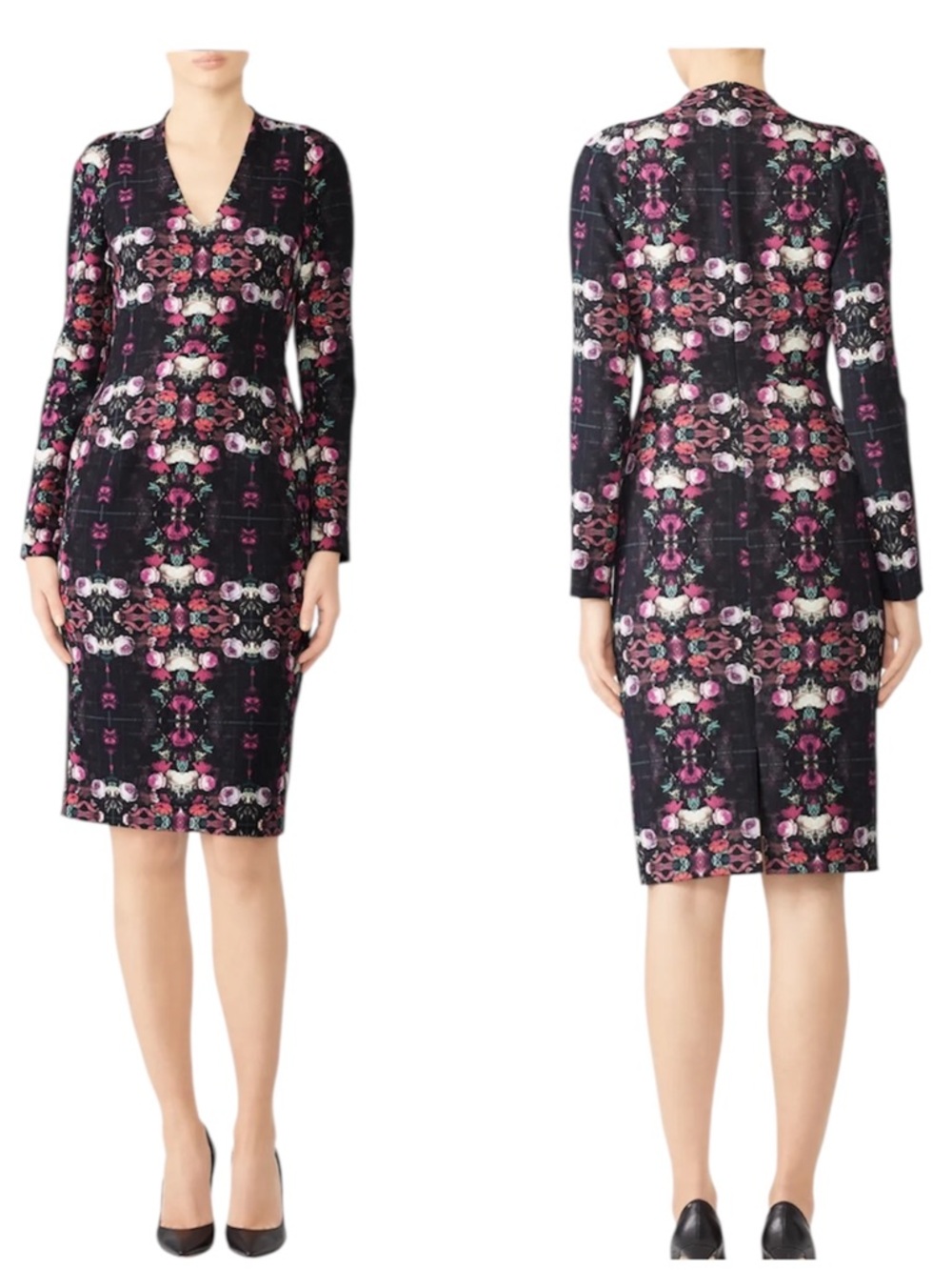 Black Halo Mindy Purple Floral V-Neck Long Sleeve Sheath Dress 4